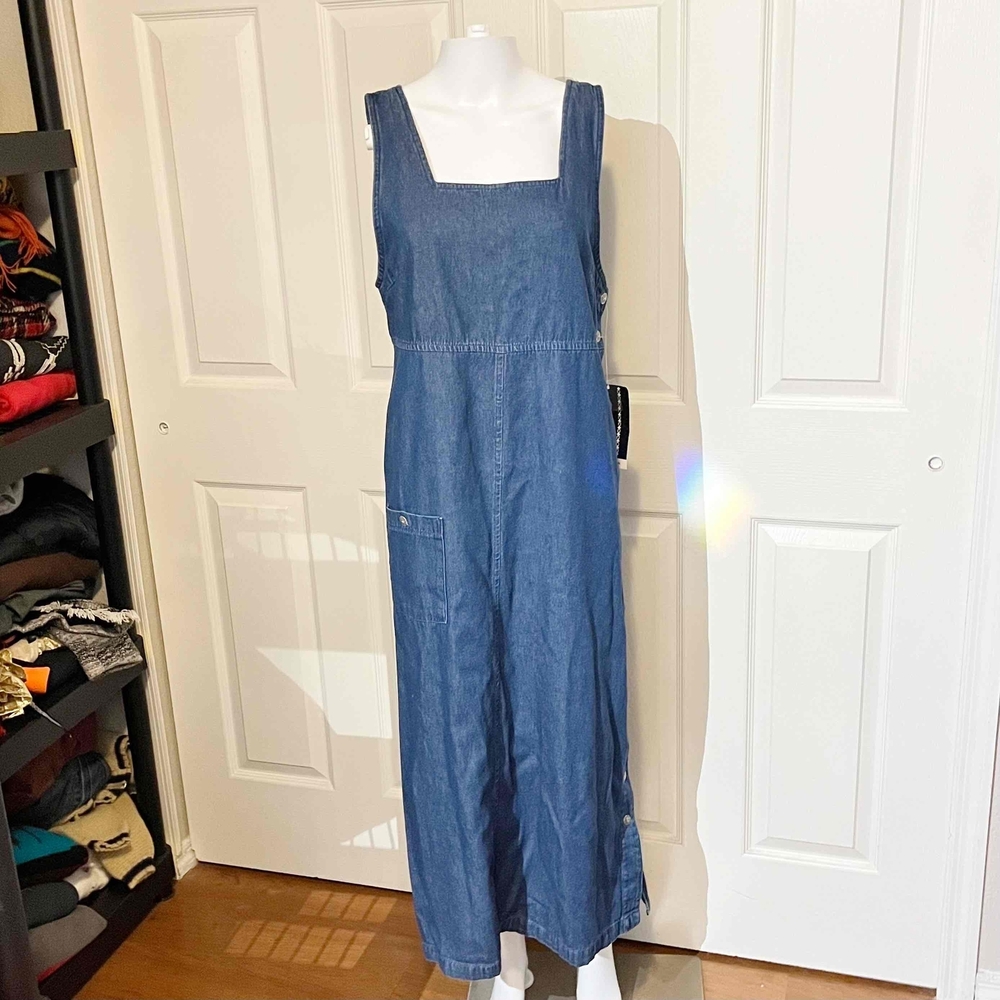 Vintage J. Denim Square Neck Button Dress 90s Womens Cottagecore 80s 70s